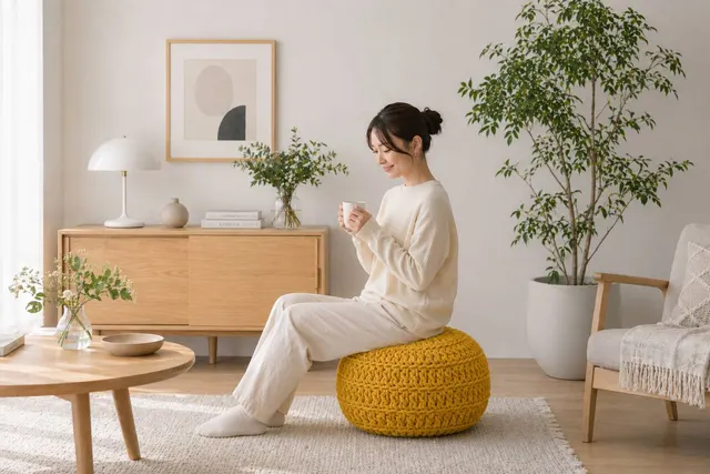マスタード色のプフ01に腰掛ける様子